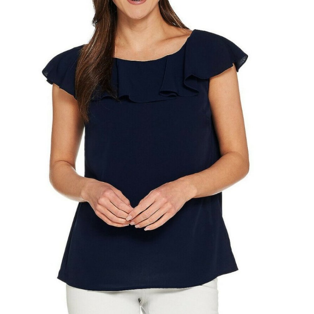 Kelly by Clinton Kelly Flutter Neck Woven Top NAVY  10713